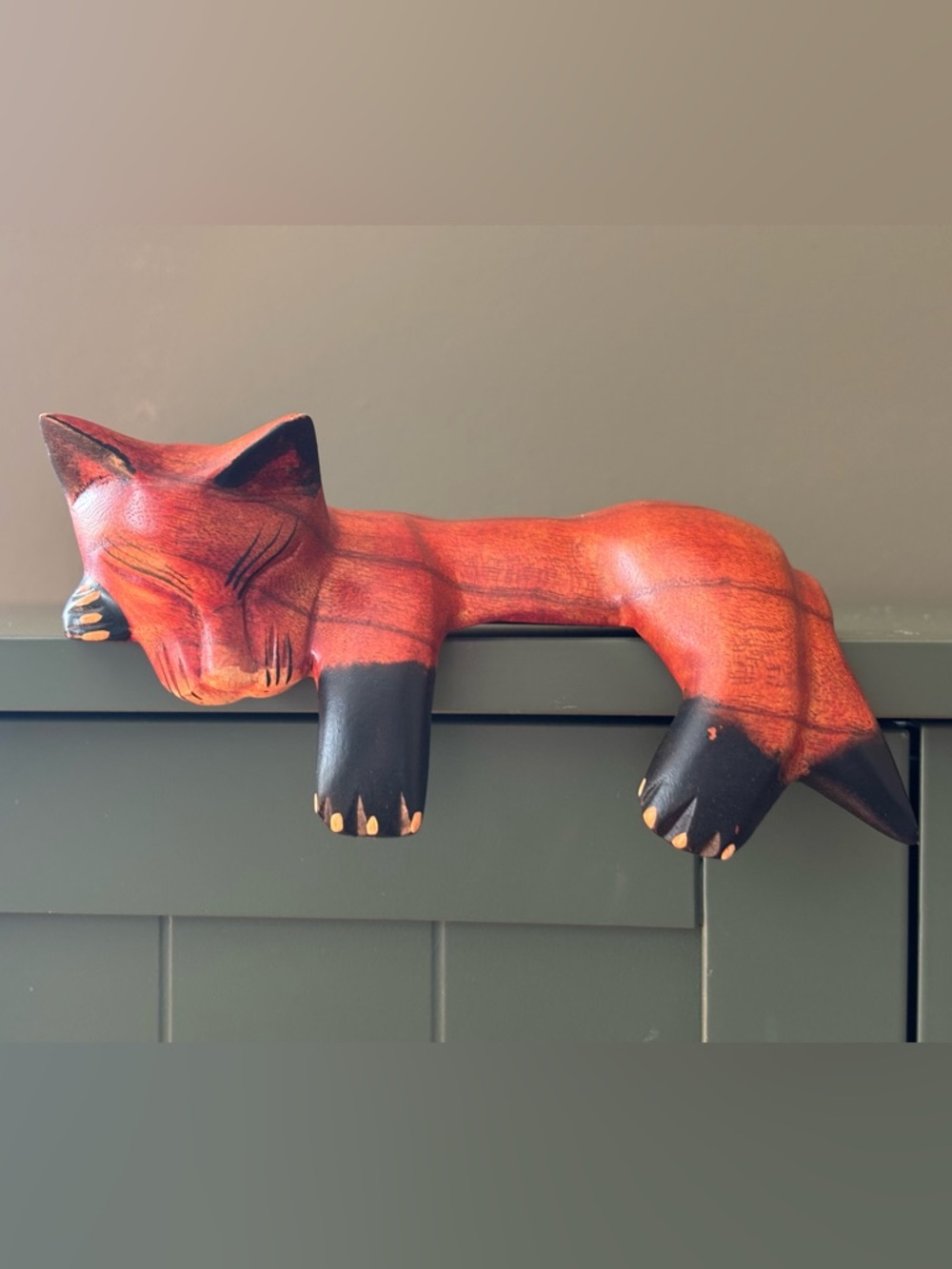 Serrv International Wood Carved Hand Painted Orange Fox Figurine Shelf Sitter